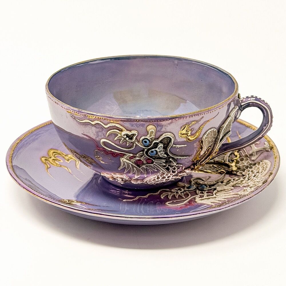 Vintage Dragonware Lusterware Tea Cup & Saucer Purple Lavender Moriage Japan